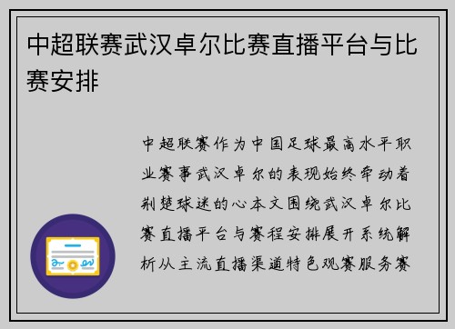 中超联赛武汉卓尔比赛直播平台与比赛安排